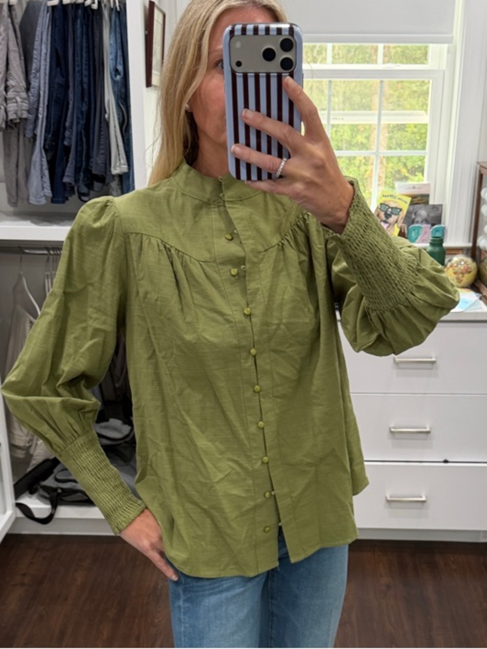 Amazon Olive Green Puff-Sleeve Button-Up Blouse